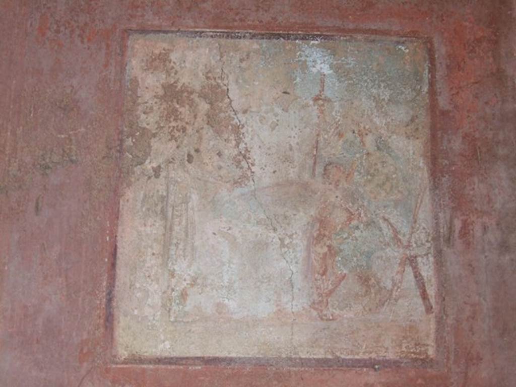 IX.5.6 Pompeii. December 2007. Room i, tablinum. Wall painting on east wall.
According to Schefold, the wall painting in the centre of the east wall was Diana and Callisto. 
See Schefold, K., 1957. Die Wande Pompejis. Berlin: De Gruyter. (p. 254)
See Sogliano, A., 1879. Le pitture murali campane scoverte negli anni 1867-79. Napoli: (p.30, no.119).
See Carratelli, G. P., 1990-2003. Pompei: Pitture e Mosaici. IX. (9). Roma: Istituto della enciclopedia italiana, (fig. 77 & p.445). 
According to Niccolini, the central painting would seem to indicate Adonis leaving for the hunt, leaving Venus with her son Cupid. 
See Niccolini, F. Le Case ed i Monumenti di Pompei. 1862. Book 2, (Tav. XCII, Descrizione Generale).