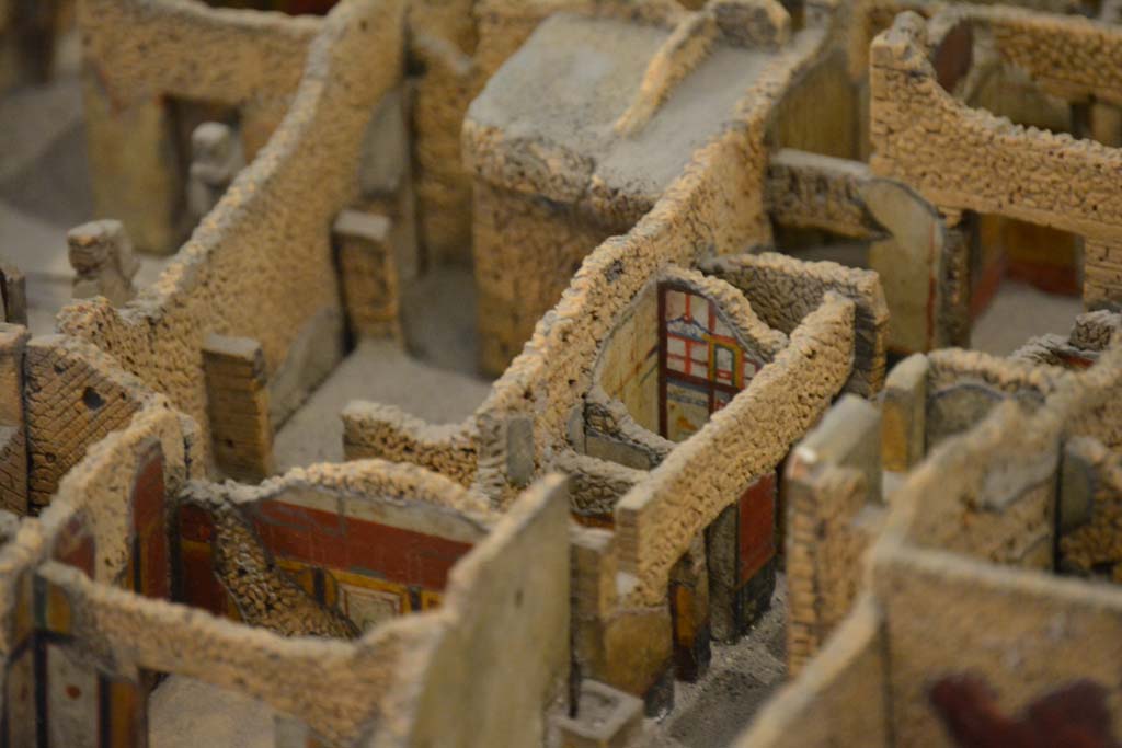 IX.5.6 Pompeii. July 2017. Detail from north wall of rooms at rear. 
The room in the lower left is part of IX.5.18.
From cork model in Naples Archaeological Museum.
Foto Annette Haug, ERC Grant 681269 DÉCOR.