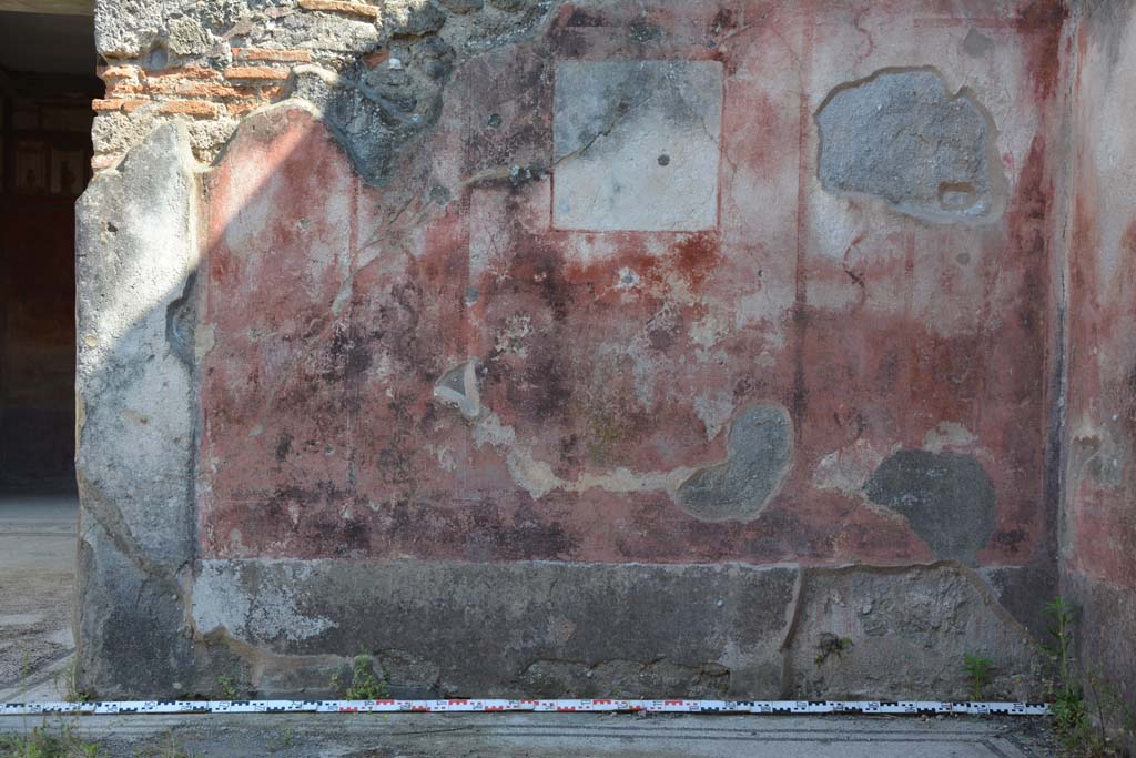 IX.5.6 Pompeii. May 2017. West ala d, detail of south wall.
Foto Christian Beck, ERC Grant 681269 DÉCOR.
According to PPM –
This wall was decorated with a similar scheme to the opposite wall (north wall), with a black zoccolo and red middle zone, with a painting in the central panel that was separated from the side semi-panels by twisted candelabra. In the yellow upper zone there were paintings with pygmies , now completely disappeared.
See Carratelli, G. P., 1990-2003. Pompei: Pitture e Mosaici. IX. (9). Roma: Istituto della enciclopedia italiana, p.417, no. 24).