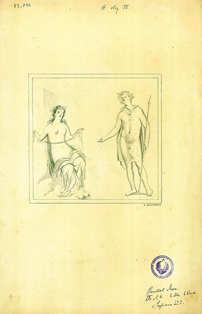 IX.5.6 Pompeii. Room 5, ala, on the south wall was a wall painting of a young girl wearing a yellow and blue robe.
She is sitting on a rock and holding a garland in her hands.
Looking towards her was a young man with a lance, wearing a red cloak.
DAIR 83.236. Photo © Deutsches Archäologisches Institut, Abteilung Rom, Arkiv. 
See http://arachne.uni-koeln.de/item/marbilder/5343136