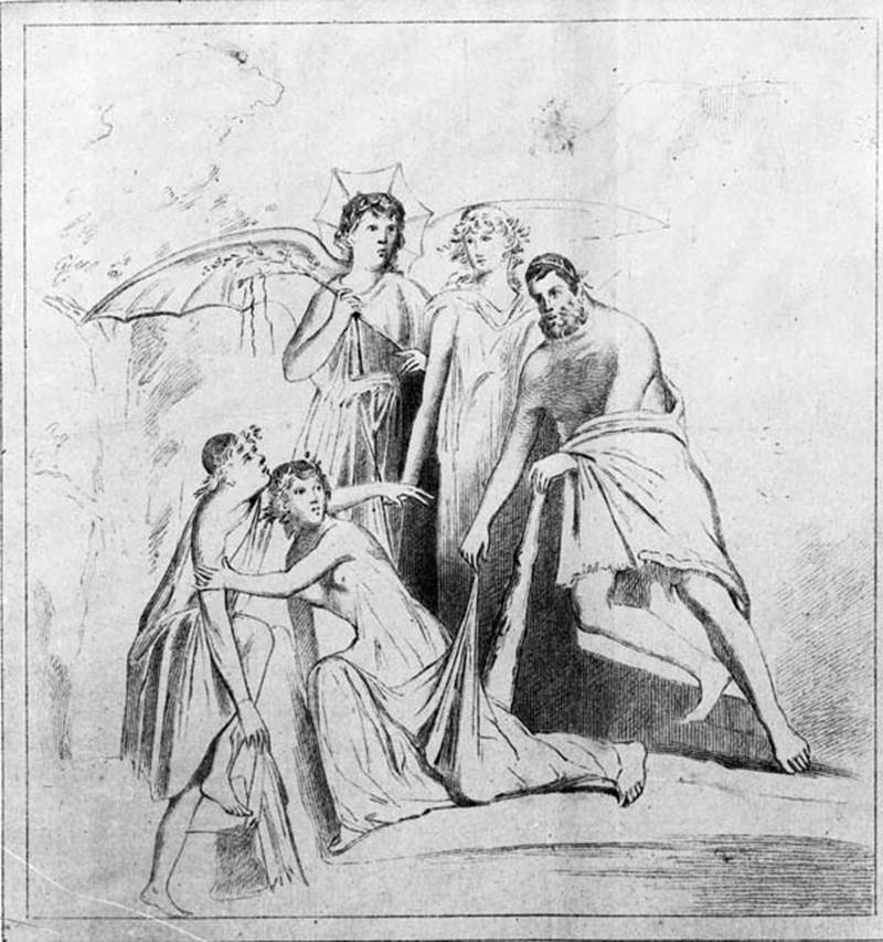 IX.5.6 Pompeii. Room 5, ala, west wall. Copy of wall painting of Hercules and Auge.
See Schefold, K., 1957. Die Wande Pompejis. Berlin: De Gruyter. (p.253)
See Sogliano, A., 1879. Le pitture murali campane scoverte negli anni 1867-79. Napoli: (p.83, no.499).
See Annali dell’Instituto di Corrispondenza Archeologica (DAIR), Vol. 56, 1884, p. 75-87, Tav. d’agg. H.