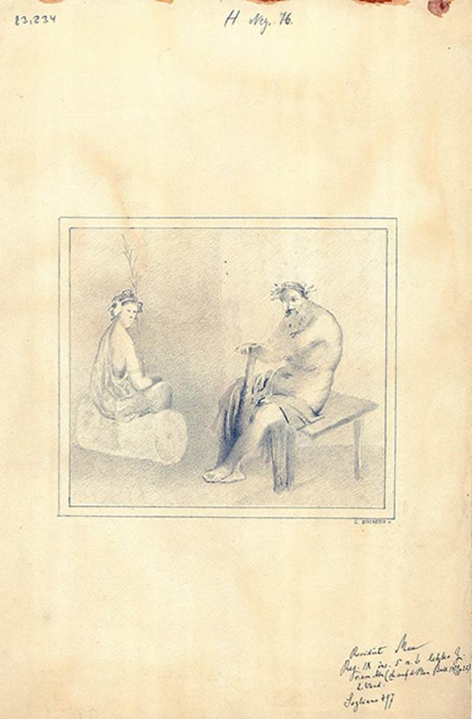 IX.5.6 Pompeii. Room h, central painting from the south wall.
Copy by G Discanno of painting of Hercules with a woman with a palm leaf, possibly Hebe.
DAIR 83.234. Photo © Deutsches Archäologisches Institut, Abteilung Rom, Arkiv. 
See Sogliano, A., 1879. Le pitture murali campane scoverte negli anni 1867-79. Napoli: Giannini, no. 497.
See Bragantini, de Vos, Badoni, 1986. Pitture e Pavimenti di Pompei, Parte 3. Rome: ICCD, p. 458.
