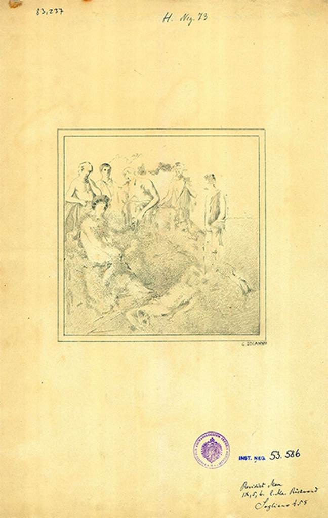 IX.5.6 Pompeii. Room e, ala, on east side of atrium, drawing by Discanno of the central painting from the east wall.
The painting was found in a bad condition but showed the divinity of light, Apollo-Sol, sitting on a rock. 
According to PPM it may be the death of Orion because the spears and hunting dogs show it was a hunter.
An alternative could be the death of Adonis, but it is not possible to make any clear identification of Venus.
DAIR 83.267. Photo © Deutsches Archäologisches Institut, Abteilung Rom, Arkiv. 
See Schefold, K., 1957. Die Wande Pompejis. Berlin: De Gruyter. (p.253)
See Carratelli, G. P., 1990-2003. Pompei: Pitture e Mosaici: Vol IX. Roma: Istituto della enciclopedia italiana, p. 423.
See Sogliano, A., 1879. Le pitture murali campane scoverte negli anni 1867-79. Napoli: Giannini, 458.
