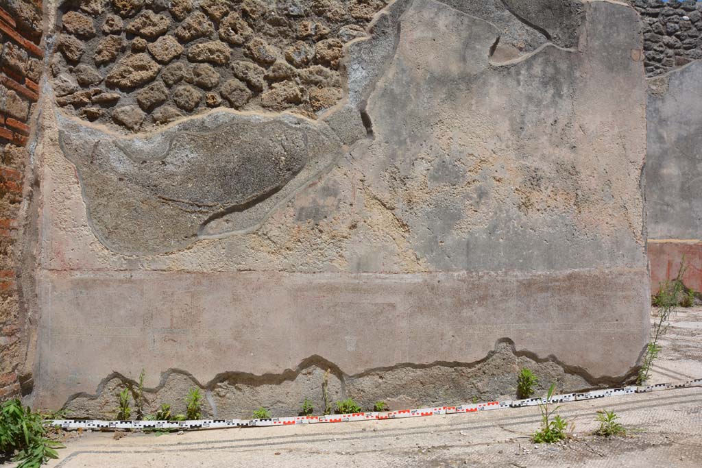 IX.5.6 Pompeii. May 2017. Room a, looking towards east wall.
Foto Christian Beck, ERC Grant 681269 DÉCOR.
According to PPM –
The zoccolo would have been painted black. 
The middle zone of the wall was painted viola and showed panels divided vertically by candelabra and separated by a narrow compartment. 
See Carratelli, G. P., 1990-2003. Pompei: Pitture e Mosaici. IX. (9). Roma: Istituto della enciclopedia italiana, (p.408).