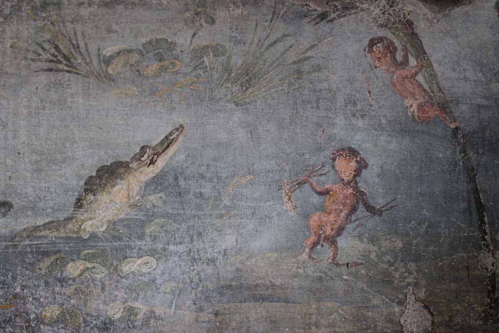 IX.5.9 Pompeii. May 2019. Room l (L), detail from a scene of crocodile with two pygmies.  
Foto Christian Beck, ERC Grant 681269 DÉCOR.