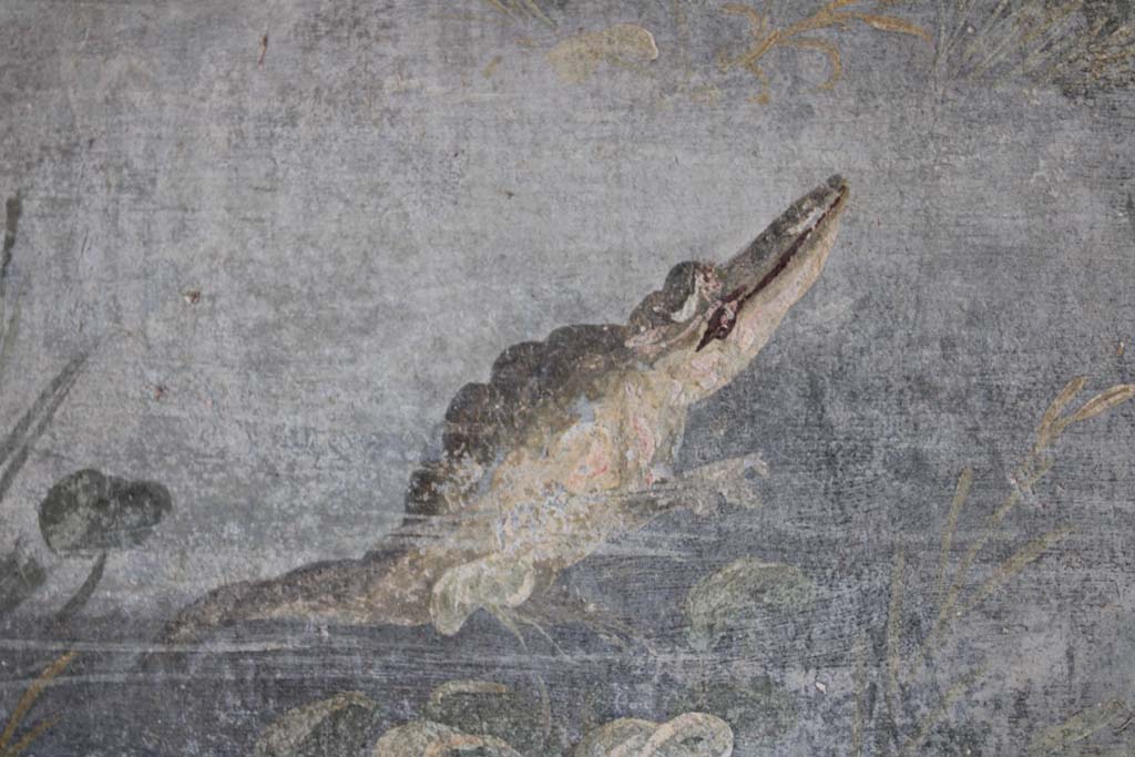 IX.5.9 Pompeii. May 2019. Room “l (L)”, detail of crocodile from east end of north wall.   
Foto Christian Beck, ERC Grant 681269 DÉCOR.