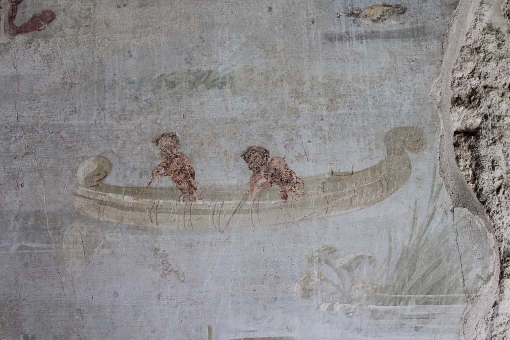 IX.5.9 Pompeii. May 2019. Room “l (L)”, two pygmies rowing a boat from upper north wall at west end. 
Foto Christian Beck, ERC Grant 681269 DÉCOR.