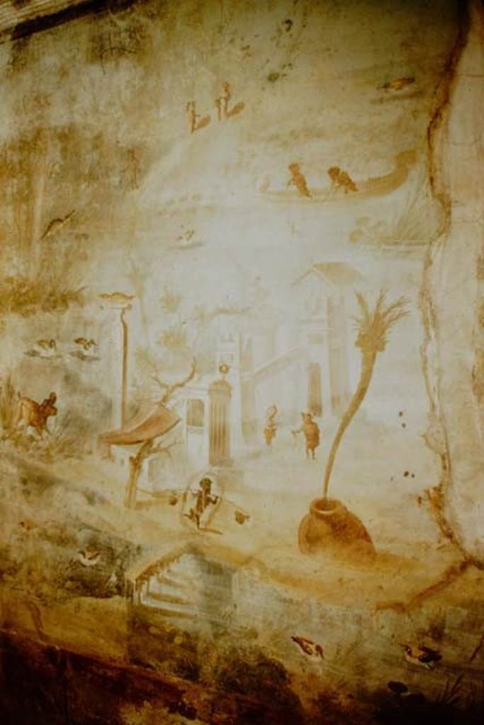 IX.5.9 Pompeii. 1957. Room 8. North wall at west end, painting of pygmies and a river scene. Photo by Stanley A. Jashemski.
Source: The Wilhelmina and Stanley A. Jashemski archive in the University of Maryland Library, Special Collections (See collection page) and made available under the Creative Commons Attribution-Non Commercial License v.4. See Licence and use details.
J57f0274
