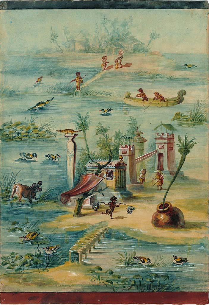 IX.5.9 Pompeii. Undated painting (between 1877-1888) of Nile landscape with Pigmies Fishing by unknown artist, showing room 8 north wall at west end.
DAIR 83.239. Photo © Deutsches Archäologisches Institut, Abteilung Rom, Arkiv.