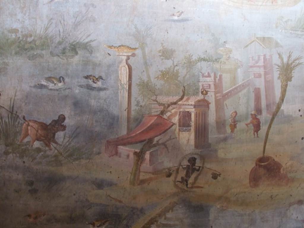 IX.5.9 Pompeii. December 2007.  Room 8, wall painting of pygmies.   Nile river scene with towers, temple, obelisk and hippopotamus. See Schefold, K., 1962. Vergessenes Pompeji. Bern: Francke. (Fig.147): North wall, room g.