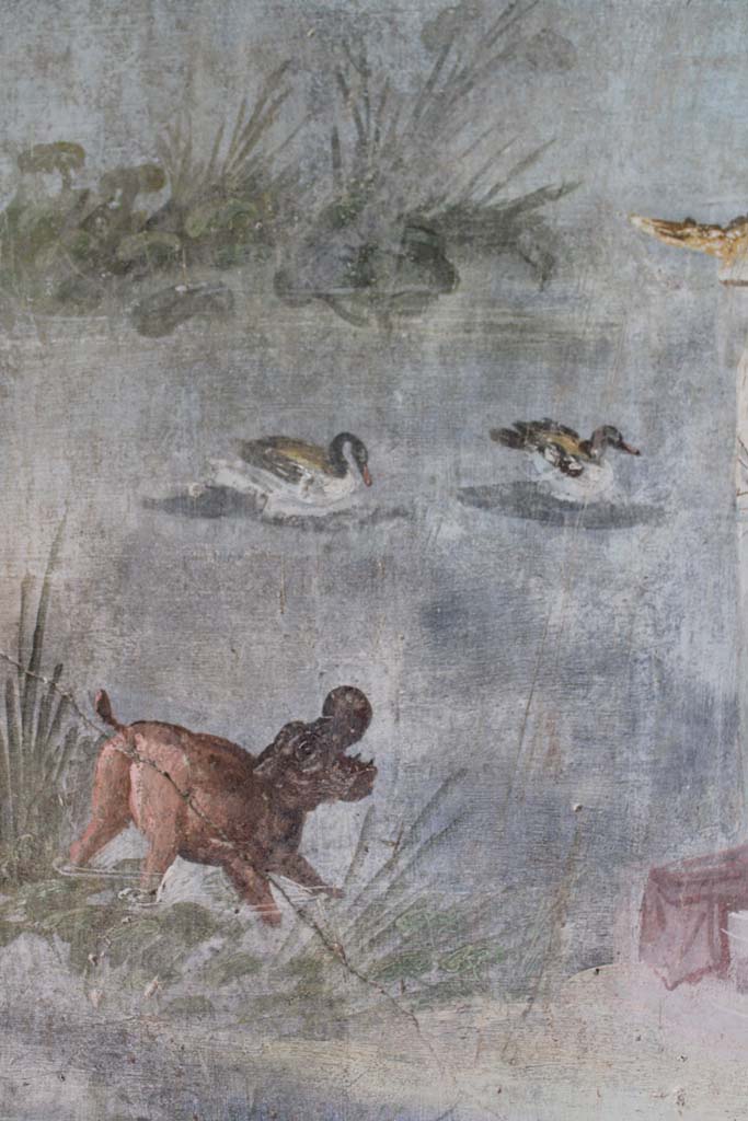 IX.5.9 Pompeii. May 2019. Room l (L), detail of hippopotamus and ducks in river on north wall.  
Foto Christian Beck, ERC Grant 681269 DÉCOR.