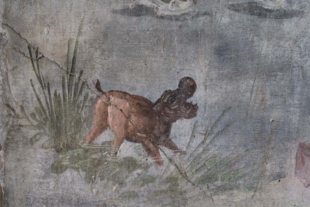 IX.5.9 Pompeii. May 2019. Room l (L), detail of hippopotamus from north wall at west end.  
Foto Christian Beck, ERC Grant 681269 DÉCOR.