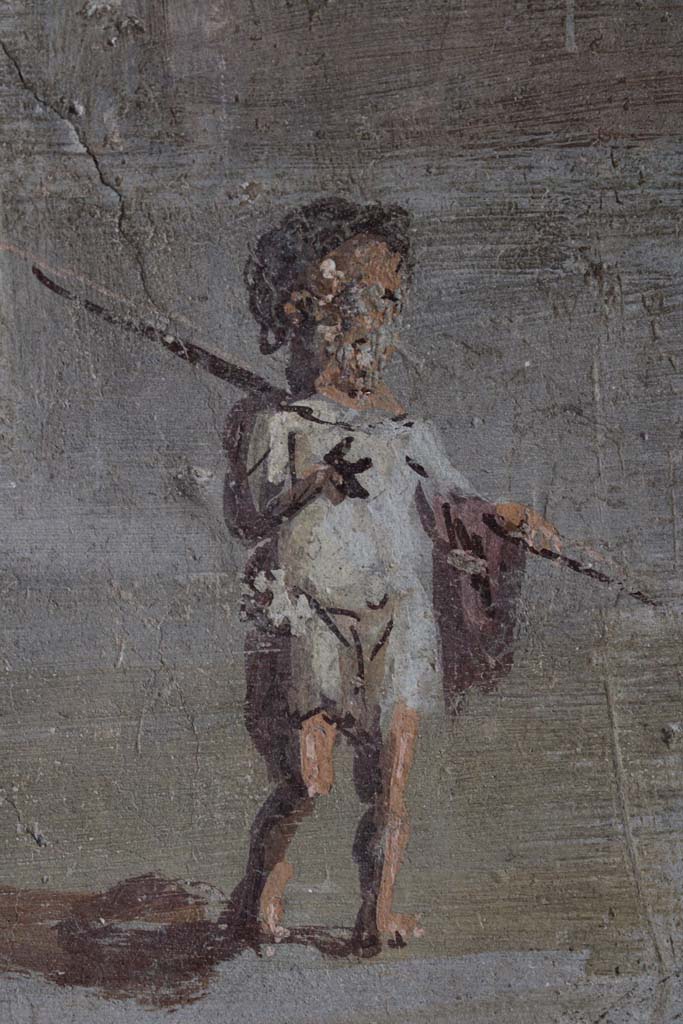 IX.5.9 Pompeii. May 2019. Room “l (L)”, detail of pygmy figure from south wall. 
Foto Christian Beck, ERC Grant 681269 DÉCOR.