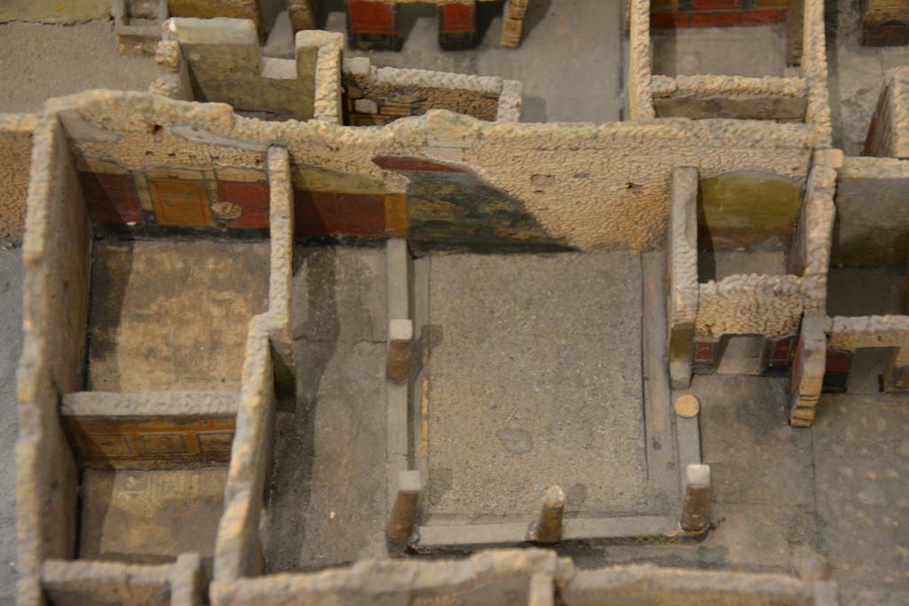 IX.5.9 Pompeii.  July 2017. Rooms in south-west corner of garden area.    
From cork model in Naples Archaeological Museum.
Foto Annette Haug, ERC Grant 681269 DÉCOR
