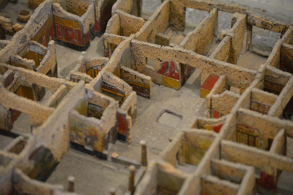IX.5.9 Pompeii. July 2017. 
Looking north-west towards peristyle and rooms on west side of atrium, with entrance corridor and doorway, top right.
From cork model in Naples Archaeological Museum.
Foto Annette Haug, ERC Grant 681269 DÉCOR