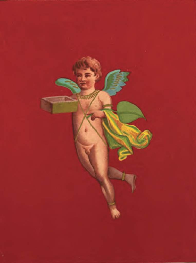 IX.5.9 Pompeii. 1878 painting of cupid.  Room 5, ala on east side of atrium.
See Presuhn E., 1878. Pompeji: Die Neuesten Ausgrabungen  von 1874 bis 1878. Leipzig: Weigel. (VII, Plate IV).
