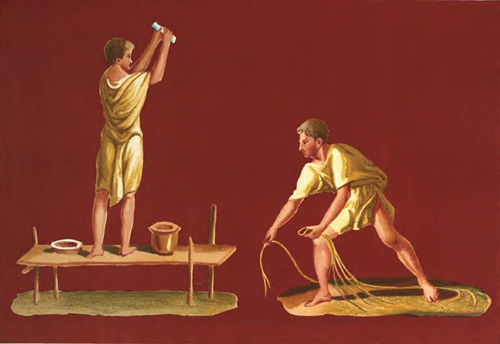 IX.5.9 Pompeii.  1878 copy of paintings from east wall of peristyle “i”.
On the left is a plasterer or stuccoer at work smoothing plaster (Sogliano 655).
On the right is a man with a net, possibly a fisherman? (Sogliano 656). 
See Presuhn E., 1878. Pompeji: Die Neuesten Ausgrabungen von 1874 bis 1878. Leipzig: Weigel. (VII, Plate V)
See Mau, A., 1907, translated by Kelsey F. W. Pompeii: Its Life and Art. New York: Macmillan. (p. 385).
See Sogliano, A., 1879. Le pitture murali campane scoverte negli anni 1867-79. Napoli: Giannini.  (p. 135-6, no. 655, 656).