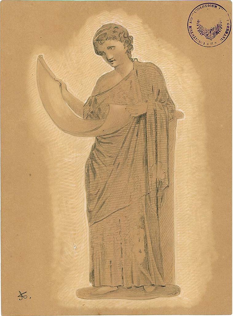 IX.5.11 Pompeii. Room 6, oecus, east wall.
Undated drawing (between 1877-1888)  by A. Sikkard of Muse Clio reading from an open volume held between her hands.
DAIR 83.246. Photo © Deutsches Archäologisches Institut, Abteilung Rom, Arkiv.