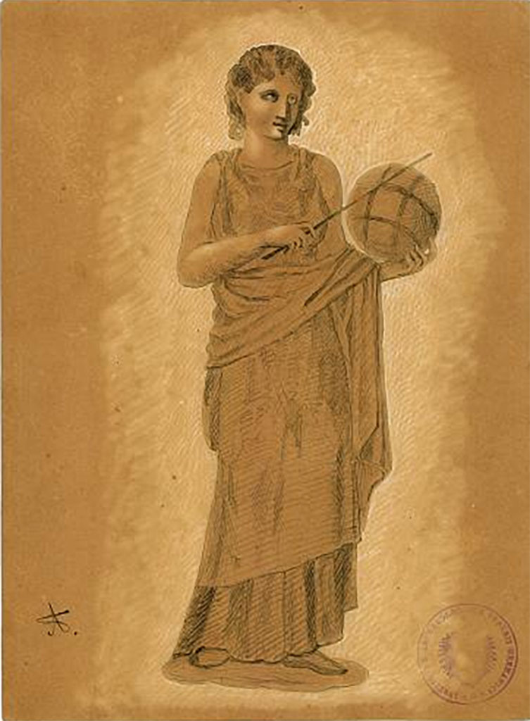 IX.5.11 Pompeii. Room 6, oecus, south wall.
Undated drawing (between 1877-1888) by A. Sikkard of Muse Urania with globe and pen (stilo),
DAIR 83.248. Photo © Deutsches Archäologisches Institut, Abteilung Rom, Arkiv.