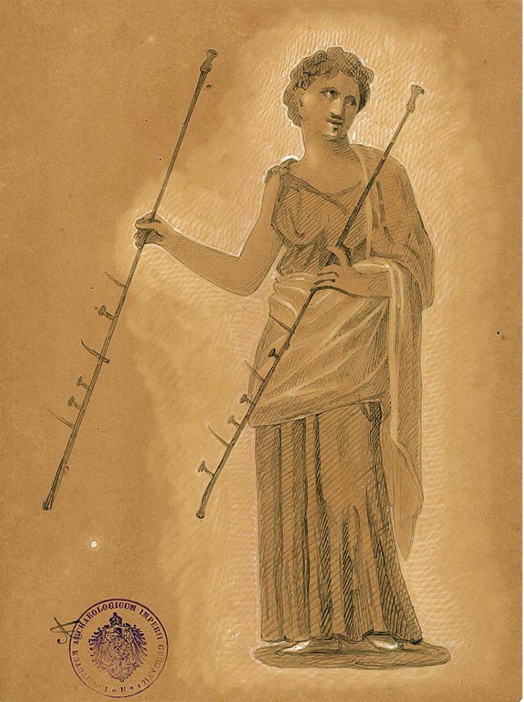 IX.5.11 Pompeii. Room 6, oecus, south wall.
Undated drawing (between 1877-1888) by A. Sikkard of Muse Euterpe with two long auloi. 
DAIR 83.249. Photo © Deutsches Archäologisches Institut, Abteilung Rom, Arkiv.