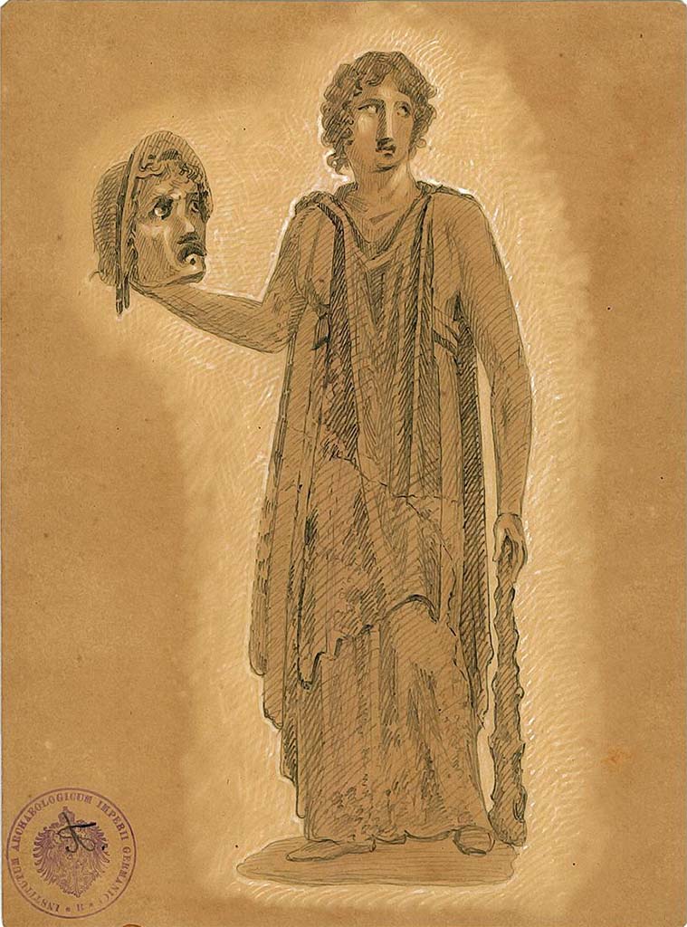 IX.5.11 Pompeii. Room 6, oecus, west wall.
Undated drawing (between 1877-1888) by A. Sikkard of Muse Melpomene with tragic mask and club.
DAIR 83.250. Photo © Deutsches Archäologisches Institut, Abteilung Rom, Arkiv.
