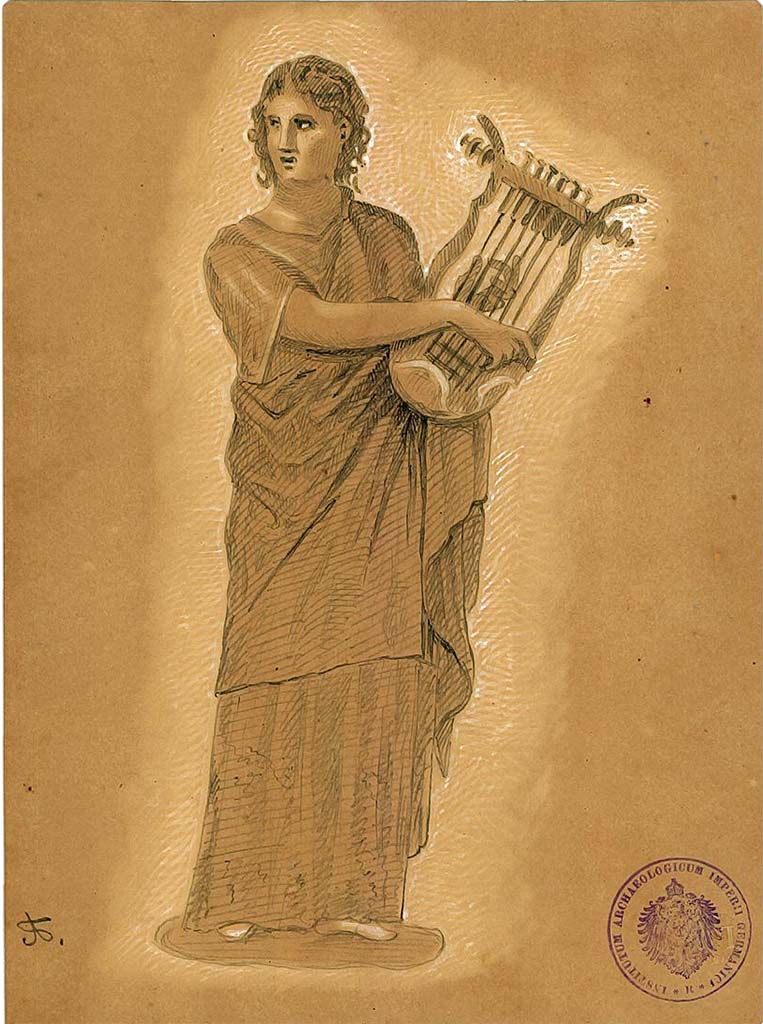 IX.5.11 Pompeii. Room 6, oecus, west wall. 
Undated drawing (between 1877-1888) by A. Sikkard of Muse Erato in attitude of playing the lyre.
DAIR 83.251. Photo © Deutsches Archäologisches Institut, Abteilung Rom, Arkiv.