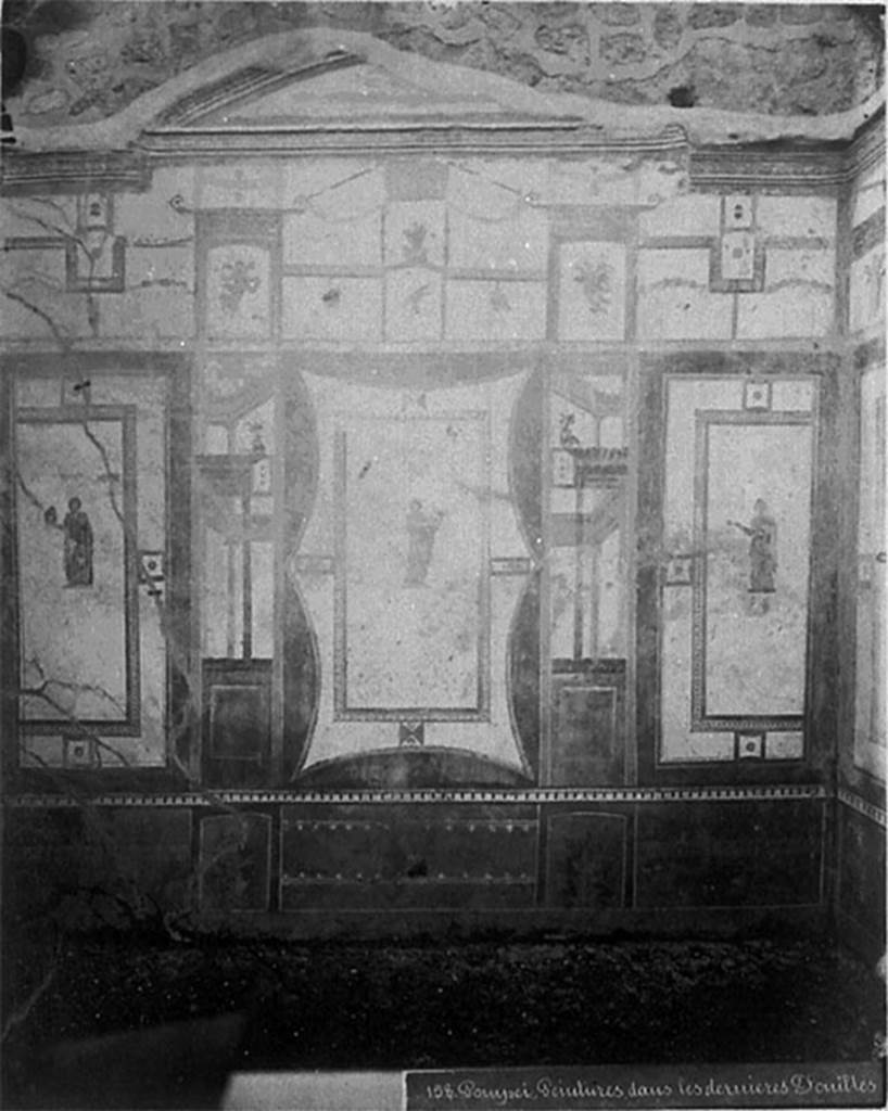 IX.5.11 Pompeii. Old photo c.1880. Room k, oecus, west wall with Muse Calliope holding a flute, on right.