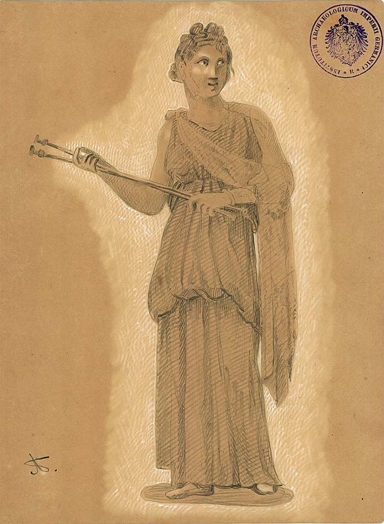 IX.5.11 Pompeii. Room 6, oecus, west wall. 
Undated drawing (between 1877-1888) by A. Sikkard of Muse Calliope holding a flute.
DAIR 83.252. Photo © Deutsches Archäologisches Institut, Abteilung Rom, Arkiv.