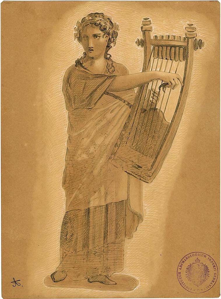 IX.5.11 Pompeii. Room 6, oecus, north wall. 
Undated drawing (between 1877-1888) by A. Sikkard of Muse Terpsichore playing the zither.
DAIR 83.253. Photo © Deutsches Archäologisches Institut, Abteilung Rom, Arkiv.