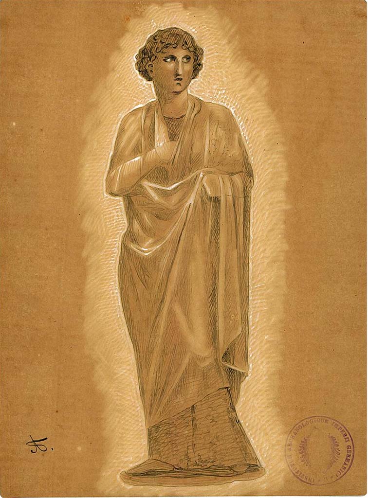 IX.5.11 Pompeii. Room k, oecus, from panel on north wall on west side of doorway. 
Undated drawing (between 1877-1888) by A. Sikkard of Muse Polyhymnia wrapped in her cloak.
DAIR 83.254. Photo © Deutsches Archäologisches Institut, Abteilung Rom, Arkiv.