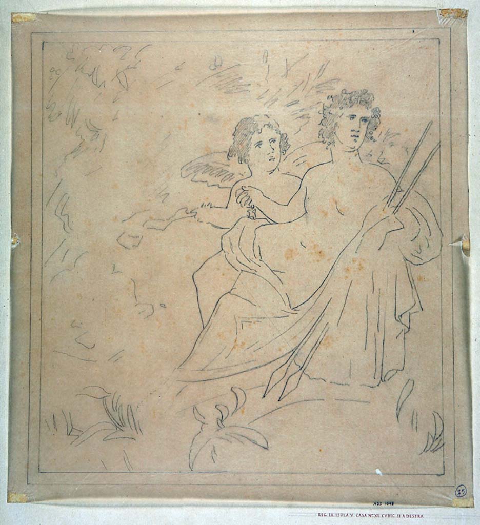 IX.5.11 Pompeii. Room 7, west wall of cubiculum. Drawing by Geremia Discanno, of painting of Adonis or Narcissus with cupid, now completely faded and disappeared.
Now in Naples Archaeological Museum. Inventory number ADS 1098.
Photo © ICCD. http://www.catalogo.beniculturali.it
Utilizzabili alle condizioni della licenza Attribuzione - Non commerciale - Condividi allo stesso modo 2.5 Italia (CC BY-NC-SA 2.5 IT)