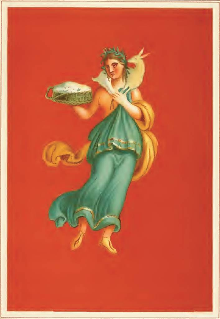 IX.5.11 Pompeii. 1881. Atrium, west side, copy of a painting of Spring. She had a lamb on her shoulders and held fresh cheese in a basket. This would have been seen on the pilaster between rooms 7 and 8.
See Presuhn E., 1882. Pompeji: Die Neuesten Ausgrabungen  von 1874 bis 1881. Leipzig: Weigel. (VIII, plate II).
According to Fiorelli, on the red plaster of the pilaster that was between this cubiculum and the preceeding ala, was painted a pretty female figure crowned with leaves and wearing a green robe and yellow mantle, carrying on her shoulder a lamb, and holding a basket in her right hand.
See NdS 1877, (p.250)
According to Mau, 0.34 high, was a painting showing Spring, turning her face half to the right and half towards the viewer. She was crowned with some long and narrow leaves and yellow and white flowers, dressed in a double green robe that left her right shoulder bare and her left arm wrapped in a fluttering robe in the guise of a shawl, on her feet were white shoes. A lamb was supported on the nape of her neck and in the right hand, she held a green basket with a white lump (ricotta).
See BdI, 1879, (p.196-7)