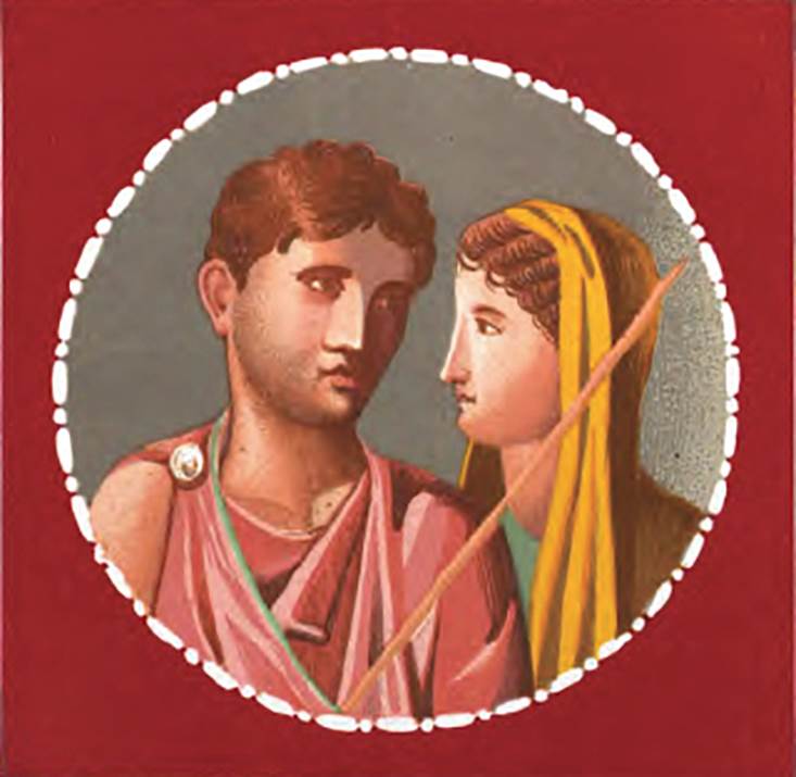IX.5.11 Pompeii. 1878. Room 8, ala south wall, painting of portrait medallion Hippolytus and Phaedra.
See Presuhn E., 1878. Pompeji: Die Neuesten Ausgrabungen  von 1874 bis 1878. Leipzig: Weigel. (VII, Plate II).
See Schefold, K., 1957. Die Wände Pompejis. Berlin: De Gruyter. (p. 259)