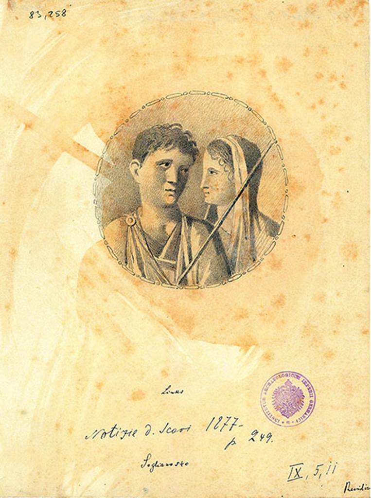 IX.5.11 Pompeii. Room 8, south wall. 
Drawing by Discanno of the couple in the medallion from the east side panel of the south wall.
DAIR 83.258. Photo © Deutsches Archäologisches Institut, Abteilung Rom, Arkiv. 
See http://arachne.uni-koeln.de/item/marbilder/5343158