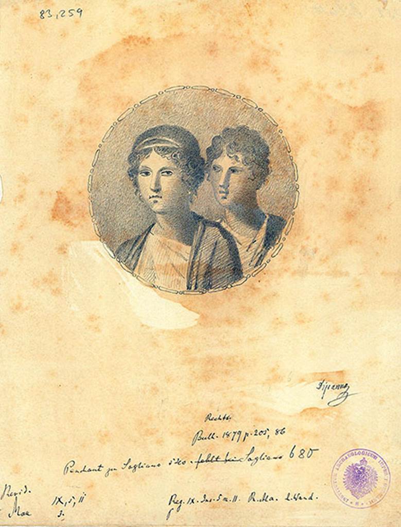 IX.5.11 Pompeii. Room 8, ala, centre panel of south wall, copy by Discanno of portrait medallion of two lovers.
DAIR 83.259. Photo © Deutsches Archäologisches Institut, Abteilung Rom, Arkiv. 
See http://arachne.uni-koeln.de/item/marbilder/5343159