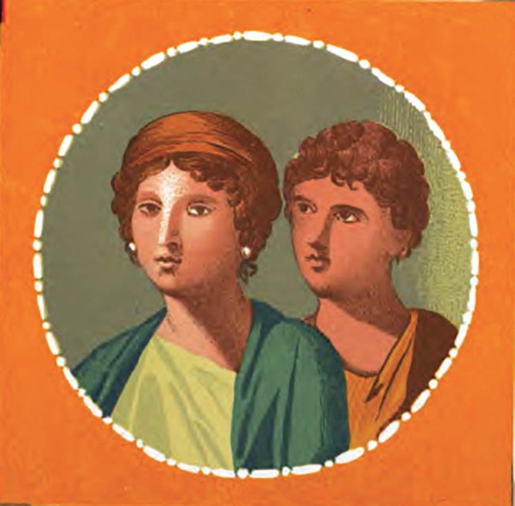 IX.5.11 Pompeii. 1878. Room 8, ala south wall, painting of portrait medallion of two lovers.
Presuhn makes the comment that in this picture the woman has a head cover whereas in the original there were two narrow circlets of gold in the hair.
See Presuhn E., 1878. Pompeji: Die Neuesten Ausgrabungen  von 1874 bis 1878. Leipzig: Weigel. (VII, Plate III).
See Schefold, K., 1957. Die Wände Pompejis. Berlin: De Gruyter. (p. 259)