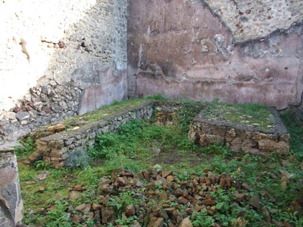 IX.5.11 Pompeii. December 2007. Room 15, garden area with triclinium, looking towards south-east corner.
According to Jashemski, the garden had a portico on the north and west.
This was supported by four columns painted black below, white above and joined by a low wall.
Most of the garden was occupied by a masonry triclinium.
Mau believed the extension, visible on the left of the photo, was a seat for children.
On the south garden wall was a large animal painting, totally destroyed.
See Jashemski, W. F., 1993. The Gardens of Pompeii, Volume II: Appendices. New York: Caratzas. (p.237, and no.95 on p.366)