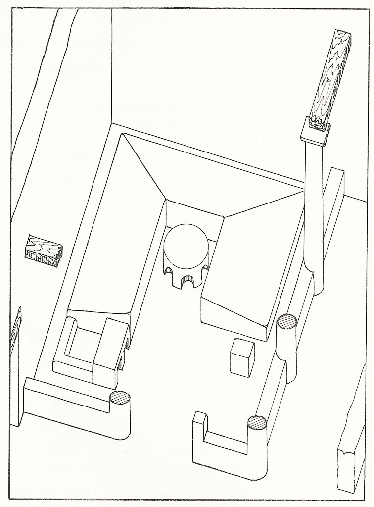 IX.5.11 Pompeii. 1950. Drawing of the triclinium. 
See Soprano, P. (1950). I triclini all’aperto di Pompei. (In Pompeiana, raccolta di studi per il secondo centenario degli scavi di Pompei. Napoli, Gaetano Macchiaroli, Editore, p.303).