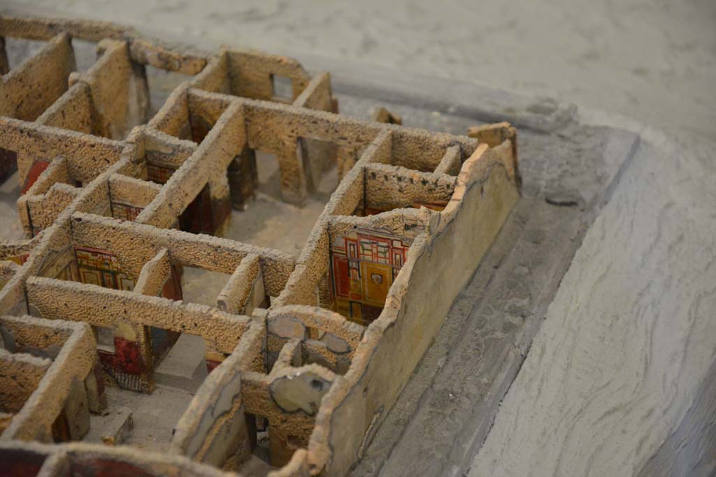 IX.5.11 Pompeii. July 2017. Looking towards north walls of decorated rooms.
From cork model in Naples Archaeological Museum.
Foto Annette Haug, ERC Grant 681269 DÉCOR.