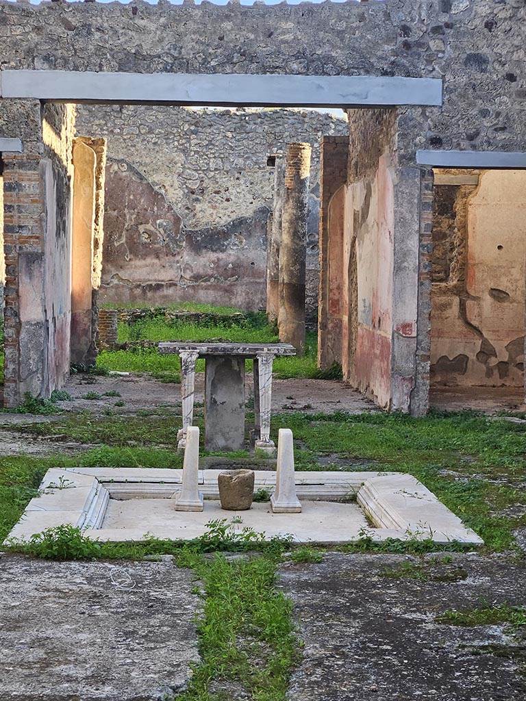 IX.5.11 Pompeii. November 2024. 
Room b, atrium. Looking south across impluvium to tablinum and through to peristyle/garden.
Photo courtesy of Annette Haug.