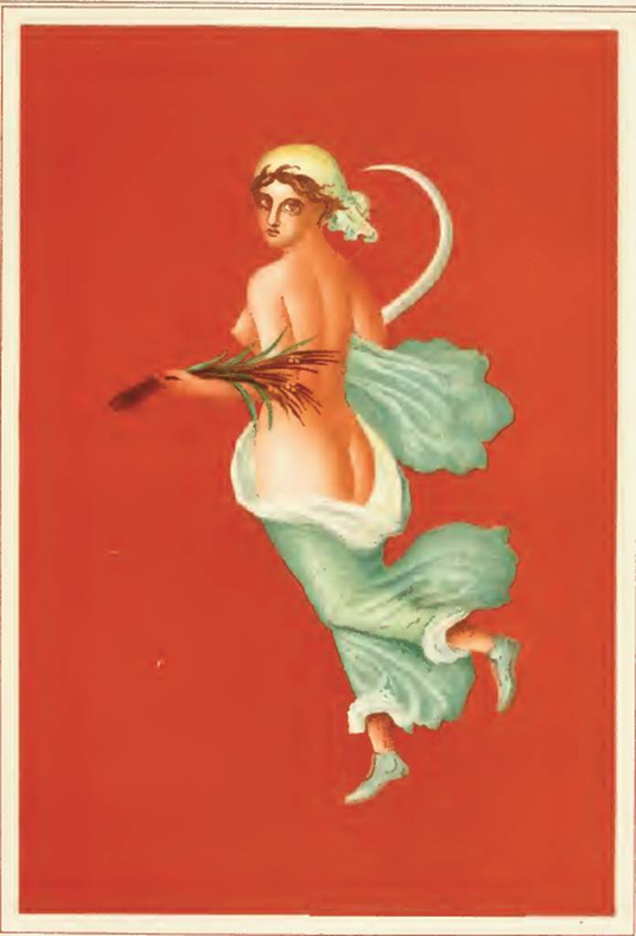 IX.5.11 Pompeii. 1881. Atrium, east side, copy of a painting of Summer. 
See Presuhn E., 1882. Pompeji: Die Neuesten Ausgrabungen  von 1874 bis 1881. Leipzig: Weigel. (VIII, plate III).
According to Fiorelli, “re-entering the atrium (from the east ala) on the red plaster of the pilaster that separates the entrances to the ala and to the triclinium, we see a female flying figure”.
See NdS, 1877, (p.249)
According to Mau, on the east side of the atrium between the ala and the triclinium, over the support for the moneychest was a female figure 0.34 high, it was a very pretty picture, showing the figure flying to the left with a view of the middle of her back but with her face turned to the viewer. The fluttering green robe covering only her legs was supported by her right arm, her shoes were green, her head covered in a cloth, in her right hand was a sickle and in her left hand some ears of corn.
You may feel for sure that there would have been similar personifications of autumn and winter.
See BdI, 1879, (p.197-8)