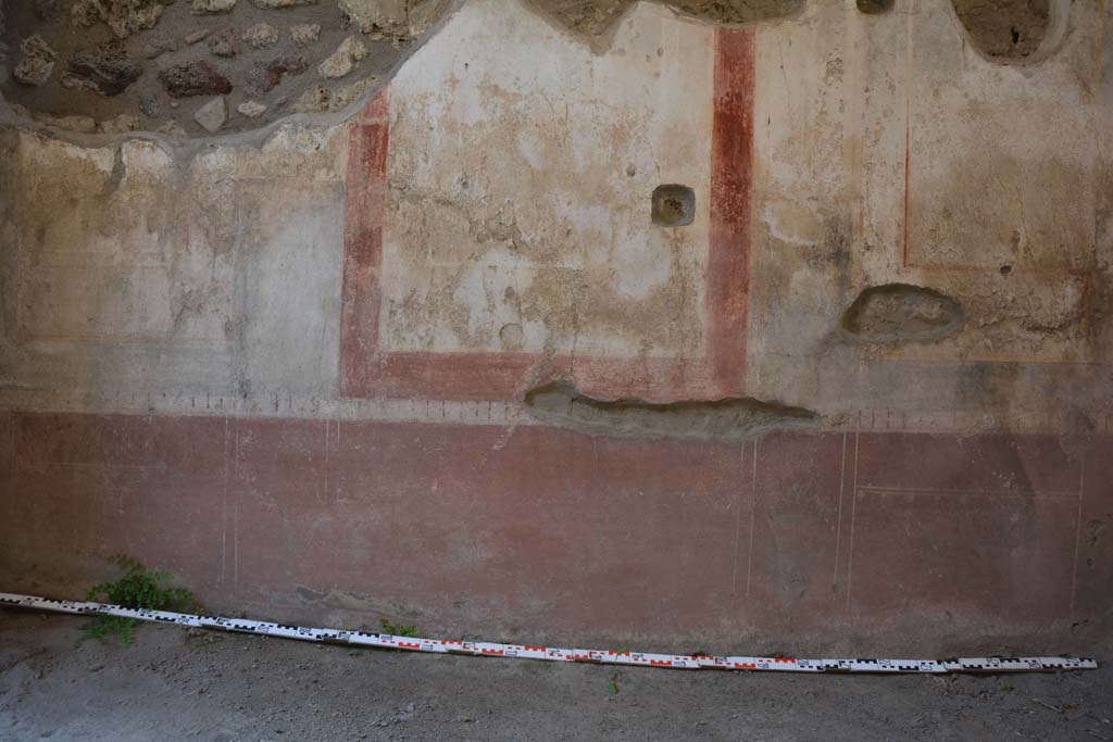 IX.5.11 Pompeii. May 2017. Room g, lower north wall.
Foto Christian Beck, ERC Grant 681269 DÉCOR.
According to PPM –
Narrow compartments with painted plants in the red zoccolo, surmounted by a white toothed frieze. (p.557).