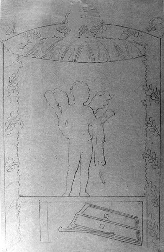IX.5.11 Pompeii. Room 3, drawing by Discanno showing a Cupid with a club, and seen under in the small purple rectangles were two fighters with daggers. 
This would have been seen on the north wall, east end, according to PPM. (North wall, west side according to PPP).
According to Mau and Fiorelli, it would have been seen on the south wall -
“On the wall to the right was a Cupid with a club, and underneath in a small rectangle with a purple background one saw some fighters with daggers: on the wall to the left, finally we have another Cupid, that had a bunch of grapes in the right hand, and in his left an unidentifiable object, underneath in a rectangle with a purple background, one saw an open volume with some black words, partly vanished and difficult to understand.”
See NdS, 1877, (p.248)
Sogliano describes the two Cupids as being from the east ala, but does not give a wall location.
See Sogliano, A., 1879. Le pitture murali campane scoverte negli anni 1867-79. Napoli: Giannini. (p.53, nos 249 and 250)