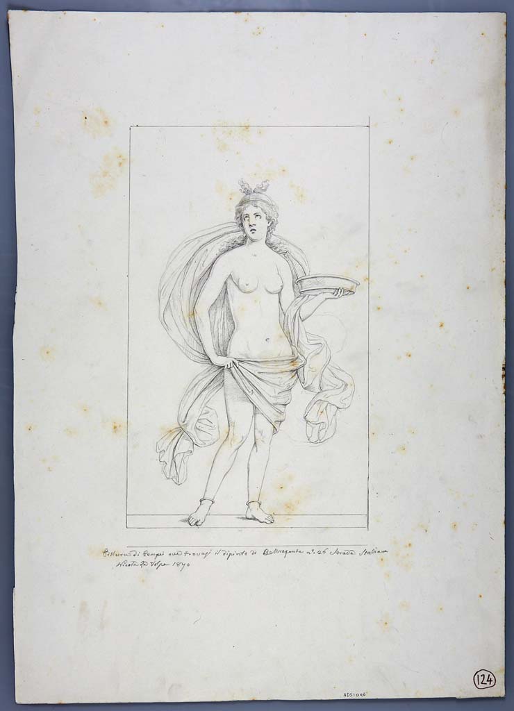 IX.5.11 Pompeii. Room 3, east wall. Drawing by Nicola La Volpe, 1870, of painting of female figure holding a tray in the left hand. 
Now in Naples Archaeological Museum. Inventory number ADS 1096.
Photo © ICCD. http://www.catalogo.beniculturali.it
Utilizzabili alle condizioni della licenza Attribuzione - Non commerciale - Condividi allo stesso modo 2.5 Italia (CC BY-NC-SA 2.5 IT)