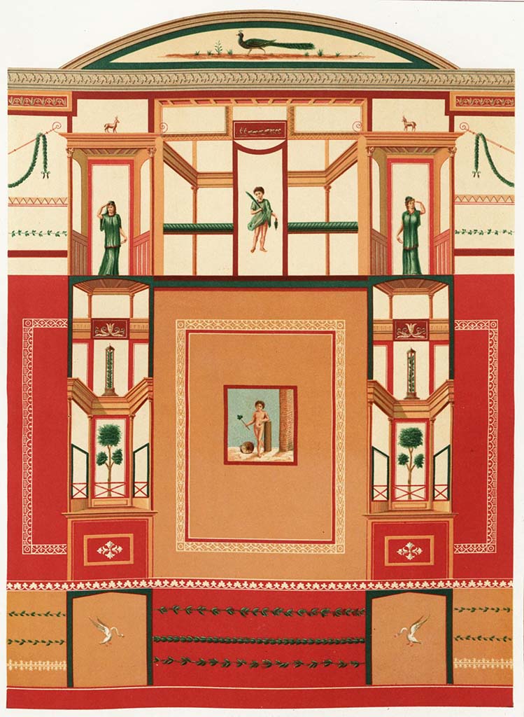 IX.5.11 Pompeii. 1890. Room i, north wall of triclinium.
See Niccolini F, 1890. Le case ed i monumenti di Pompei: Volume Terzo. Napoli, p. 27, L’Arte in Pompei, Tav. XLIII.