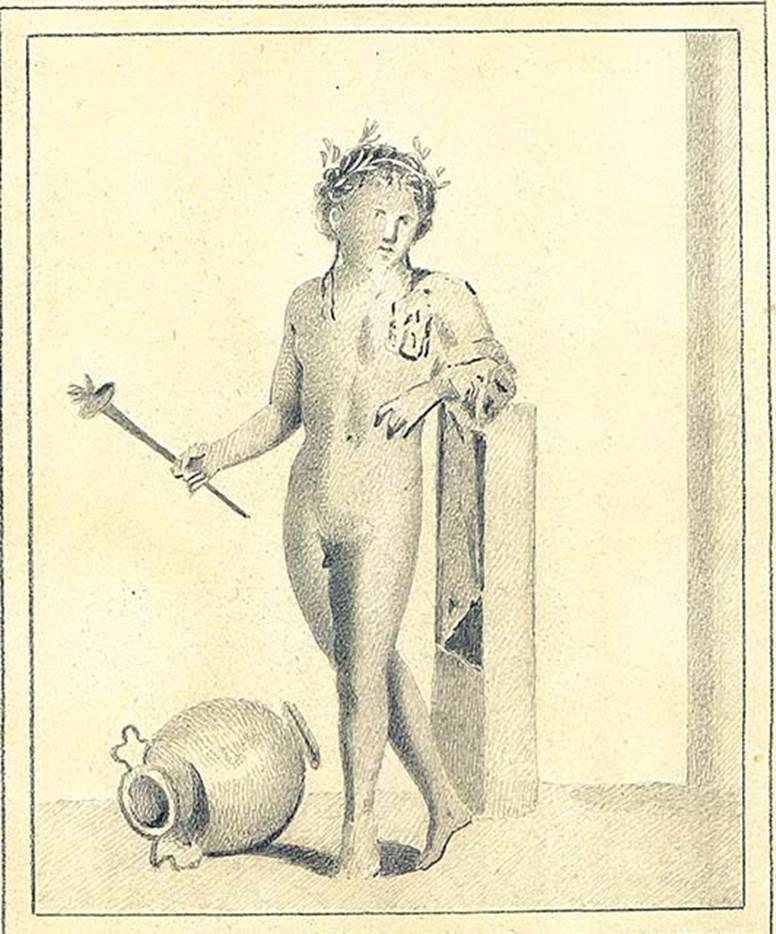 IX.5.11 Pompeii. 1880. Room 4, north wall of triclinium. 
Copy by Discanno of painting of Bacchus with thyrsus or a victorious athlete.
DAIR 83.243. Photo © Deutsches Archäologisches Institut, Abteilung Rom, Arkiv.  
See http://arachne.uni-koeln.de/item/marbilder/5343143