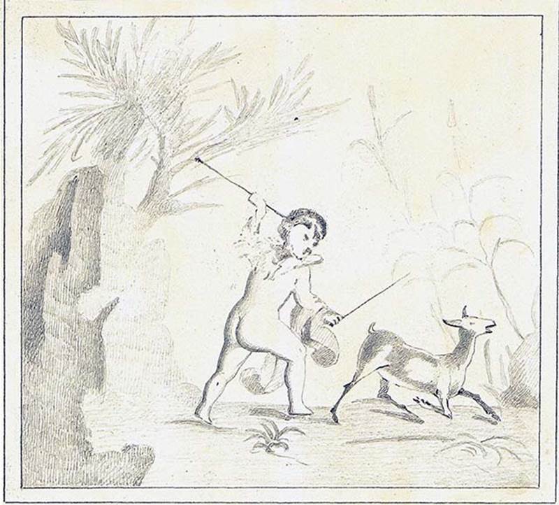 IX.5.11 Pompeii. Room 4, east wall of triclinium. Copy by Discanno of painting of cupid hunting a goat.
According to Bragantini, this was found at the north end of the east wall.
DAIR 83.244. Photo © Deutsches Archäologisches Institut, Abteilung Rom, Arkiv. 
See http://arachne.uni-koeln.de/item/marbilder/5343144
See Bragantini, de Vos, Badoni, 1986. Pitture e Pavimenti di Pompei, Parte 3. Rome: ICCD. (p.476)