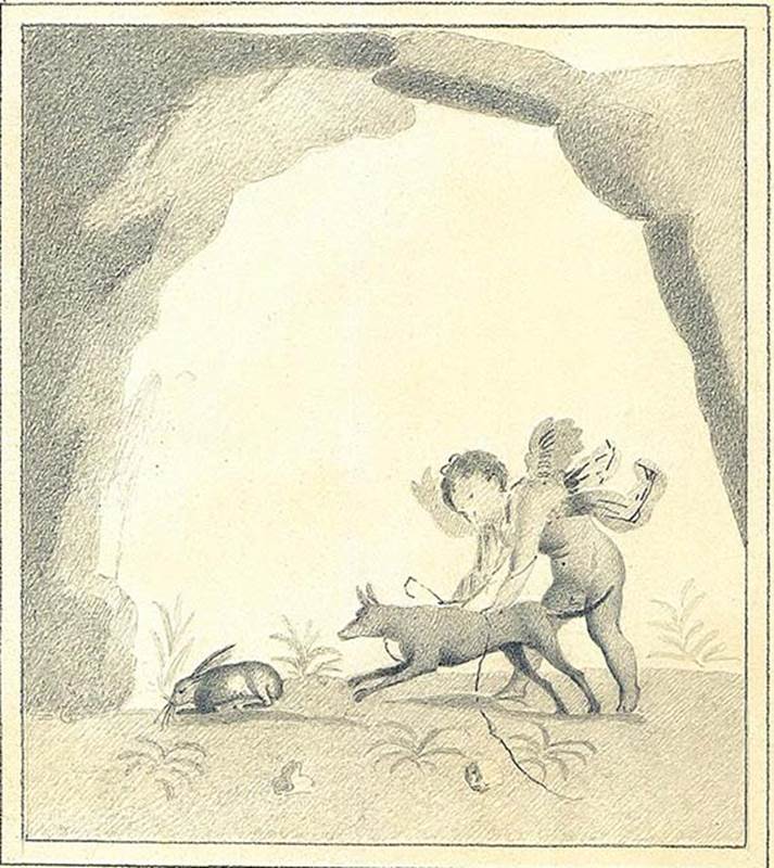IX.5.11 Pompeii. Room 4, east wall of triclinium. Copy by Discanno of painting of cupid hunting a rabbit.
According to Bragantini, this was found at the south end of the east wall.
DAIR 83.245. Photo © Deutsches Archäologisches Institut, Abteilung Rom, Arkiv.  
See http://arachne.uni-koeln.de/item/marbilder/5343145 
See Bragantini, de Vos, Badoni, 1986. Pitture e Pavimenti di Pompei, Parte 3. Rome: ICCD. (p.476)