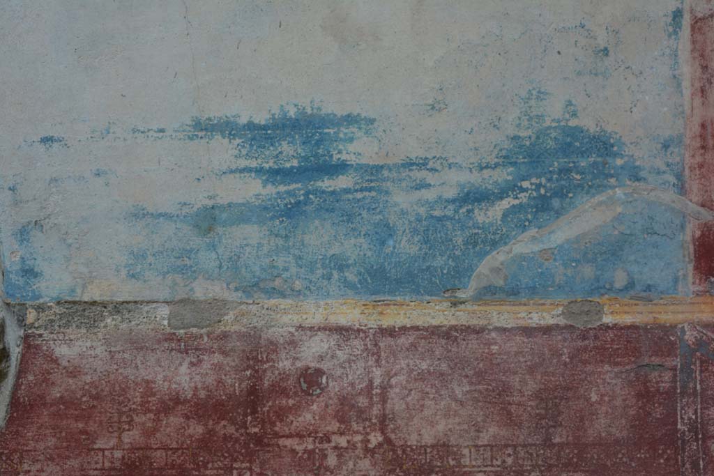 IX.5.11 Pompeii. March 2017. Room I (L), lower blue central panel on west wall and detail of upper zoccolo.
Foto Christian Beck, ERC Grant 681269 DÉCOR.