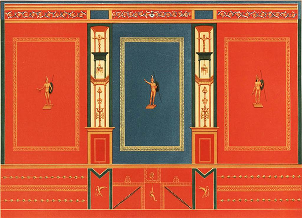 IX.5.11 Pompeii. 1890. Room 5, reconstruction painting of east wall of tablinum.
See Niccolini F, 1890. Le case ed i monumenti di Pompei: Volume Terzo. Napoli, p. 27, tav. XLIV.